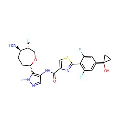 Cn1ncc(NC(=O)c2csc(-c3c(F)cc(C4(O)CC4)cc3F)n2)c1[C@@H]1CC[C@@H](N)[C@H](F)CO1 ZINC000216886764