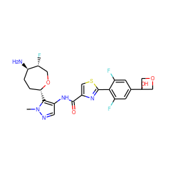 Cn1ncc(NC(=O)c2csc(-c3c(F)cc(C4(O)COC4)cc3F)n2)c1[C@@H]1CC[C@@H](N)[C@H](F)CO1 ZINC000216886700