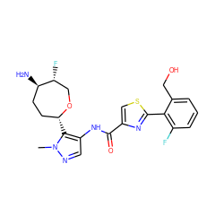 Cn1ncc(NC(=O)c2csc(-c3c(F)cccc3CO)n2)c1[C@@H]1CC[C@@H](N)[C@H](F)CO1 ZINC000221434166