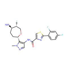 Cn1ncc(NC(=O)c2csc(-c3ccc(F)cc3F)n2)c1[C@@H]1CC[C@@H](N)[C@H](F)CO1 ZINC000216889933