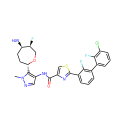 Cn1ncc(NC(=O)c2csc(-c3cccc(-c4cccc(Cl)c4F)c3F)n2)c1[C@@H]1CC[C@@H](N)[C@@H](F)CO1 ZINC000221423374