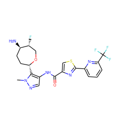 Cn1ncc(NC(=O)c2csc(-c3cccc(C(F)(F)F)n3)n2)c1[C@@H]1CC[C@@H](N)[C@H](F)CO1 ZINC000221383346