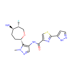 Cn1ncc(NC(=O)c2csc(-c3ccn[nH]3)n2)c1[C@@H]1CC[C@@H](N)[C@H](F)CO1 ZINC000221396482