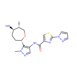 Cn1ncc(NC(=O)c2csc(-n3cccn3)n2)c1[C@@H]1CC[C@@H](N)[C@H](F)CO1 ZINC000221428326