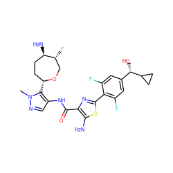 Cn1ncc(NC(=O)c2nc(-c3c(F)cc([C@H](O)C4CC4)cc3F)sc2N)c1[C@@H]1CC[C@@H](N)[C@H](F)CO1 ZINC000222639022