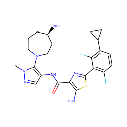 Cn1ncc(NC(=O)c2nc(-c3c(F)ccc(C4CC4)c3F)sc2N)c1N1CCC[C@@H](N)CC1 ZINC000169699282