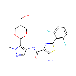 Cn1ncc(NC(=O)c2nc(-c3c(F)cccc3F)sc2N)c1C1OCC(CO)CO1 ZINC000205642578