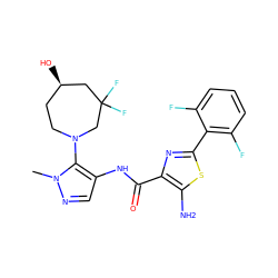 Cn1ncc(NC(=O)c2nc(-c3c(F)cccc3F)sc2N)c1N1CC[C@@H](O)CC(F)(F)C1 ZINC000169699421