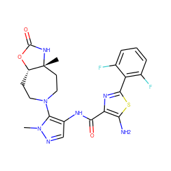 Cn1ncc(NC(=O)c2nc(-c3c(F)cccc3F)sc2N)c1N1CC[C@@H]2OC(=O)N[C@]2(C)CC1 ZINC000169699547