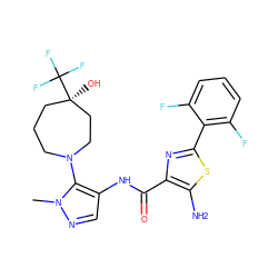 Cn1ncc(NC(=O)c2nc(-c3c(F)cccc3F)sc2N)c1N1CCC[C@@](O)(C(F)(F)F)CC1 ZINC000169699451