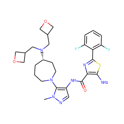 Cn1ncc(NC(=O)c2nc(-c3c(F)cccc3F)sc2N)c1N1CCC[C@H](N(CC2COC2)CC2COC2)CC1 ZINC000169699392