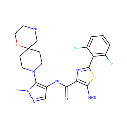 Cn1ncc(NC(=O)c2nc(-c3c(F)cccc3F)sc2N)c1N1CCC2(CC1)CNCCO2 ZINC000169699528