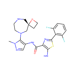 Cn1ncc(NC(=O)c2nc(-c3c(F)cccc3F)sc2N)c1N1CCNC[C@@]2(CCO2)C1 ZINC000169699525