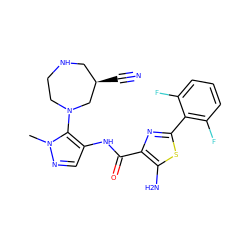 Cn1ncc(NC(=O)c2nc(-c3c(F)cccc3F)sc2N)c1N1CCNC[C@@H](C#N)C1 ZINC000169699431