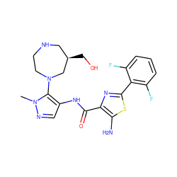 Cn1ncc(NC(=O)c2nc(-c3c(F)cccc3F)sc2N)c1N1CCNC[C@@H](CO)C1 ZINC000169699408