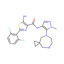 Cn1ncc(NC(=O)c2nc(-c3c(F)cccc3F)sc2N)c1N1CCNCC2(CC2)C1 ZINC000169699354