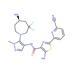 Cn1ncc(NC(=O)c2nc(-c3cccc(C#N)n3)sc2N)c1N1CC[C@@H](N)CC(F)(F)C1 ZINC000169699519