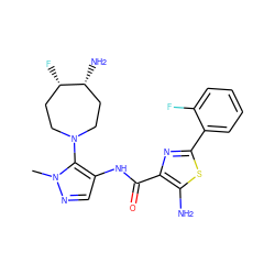 Cn1ncc(NC(=O)c2nc(-c3ccccc3F)sc2N)c1N1CC[C@H](F)[C@H](N)CC1 ZINC000169699332