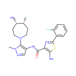 Cn1ncc(NC(=O)c2nc(-c3ccccc3F)sc2N)c1N1CC[C@H](N)[C@H](F)CC1 ZINC000169699335