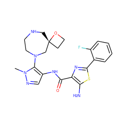 Cn1ncc(NC(=O)c2nc(-c3ccccc3F)sc2N)c1N1CCNC[C@@]2(CCO2)C1 ZINC000169699523