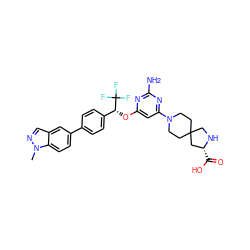 Cn1ncc2cc(-c3ccc([C@@H](Oc4cc(N5CCC6(CC5)CN[C@H](C(=O)O)C6)nc(N)n4)C(F)(F)F)cc3)ccc21 ZINC001772584284