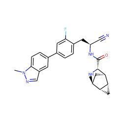 Cn1ncc2cc(-c3ccc(C[C@@H](C#N)NC(=O)[C@H]4N[C@H]5C[C@@H]4[C@@H]4C[C@H]54)c(F)c3)ccc21 ZINC000219289288