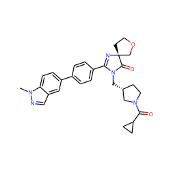 Cn1ncc2cc(-c3ccc(C4=N[C@@]5(CCOC5)C(=O)N4C[C@@H]4CCN(C(=O)C5CC5)C4)cc3)ccc21 ZINC000223452435