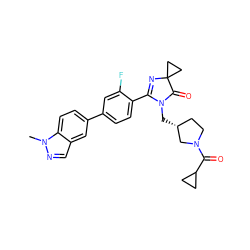 Cn1ncc2cc(-c3ccc(C4=NC5(CC5)C(=O)N4C[C@@H]4CCN(C(=O)C5CC5)C4)c(F)c3)ccc21 ZINC000207724022