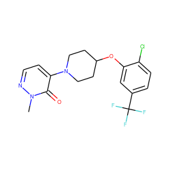 Cn1nccc(N2CCC(Oc3cc(C(F)(F)F)ccc3Cl)CC2)c1=O ZINC000072317669