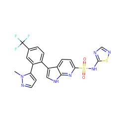 Cn1nccc1-c1cc(C(F)(F)F)ccc1-c1c[nH]c2nc(S(=O)(=O)Nc3ncns3)ccc12 ZINC000205423578