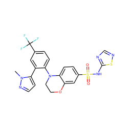 Cn1nccc1-c1cc(C(F)(F)F)ccc1N1CCOc2cc(S(=O)(=O)Nc3ncns3)ccc21 ZINC000205719669