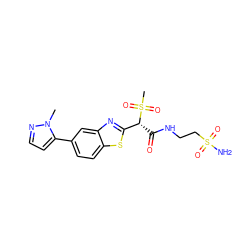 Cn1nccc1-c1ccc2sc([C@@H](C(=O)NCCS(N)(=O)=O)S(C)(=O)=O)nc2c1 ZINC000145530398