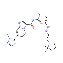 Cn1nccc1-c1ccn2c(C(=O)Nc3cc(C(=O)NCCN4CCCC4(C)C)ccc3F)cnc2c1 ZINC001772648951