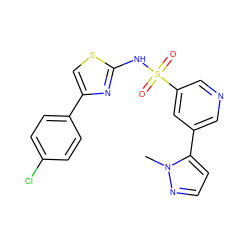 Cn1nccc1-c1cncc(S(=O)(=O)Nc2nc(-c3ccc(Cl)cc3)cs2)c1 ZINC000103299473