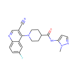 Cn1nccc1NC(=O)C1CCN(c2c(C#N)cnc3ccc(F)cc23)CC1 ZINC001772606820