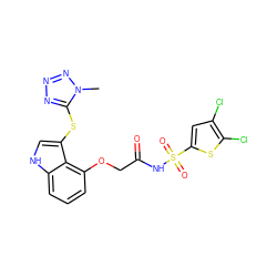 Cn1nnnc1Sc1c[nH]c2cccc(OCC(=O)NS(=O)(=O)c3cc(Cl)c(Cl)s3)c12 ZINC000049867419