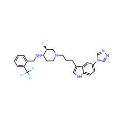 F[C@H]1CN(CCCc2c[nH]c3ccc(-n4cnnc4)cc23)CC[C@@H]1NCc1ccccc1C(F)(F)F ZINC000026250893