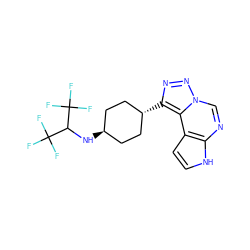 FC(F)(F)C(N[C@H]1CC[C@H](c2nnn3cnc4[nH]ccc4c23)CC1)C(F)(F)F ZINC001772613731