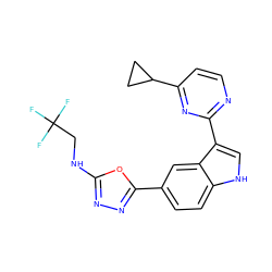 FC(F)(F)CNc1nnc(-c2ccc3[nH]cc(-c4nccc(C5CC5)n4)c3c2)o1 ZINC000203726957