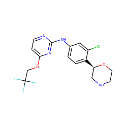 FC(F)(F)COc1ccnc(Nc2ccc([C@@H]3CNCCO3)c(Cl)c2)n1 ZINC000150014659