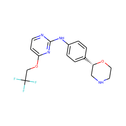 FC(F)(F)COc1ccnc(Nc2ccc([C@H]3CNCCO3)cc2)n1 ZINC000150008081