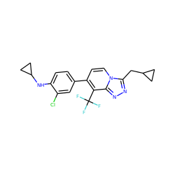 FC(F)(F)c1c(-c2ccc(NC3CC3)c(Cl)c2)ccn2c(CC3CC3)nnc12 ZINC000114494721