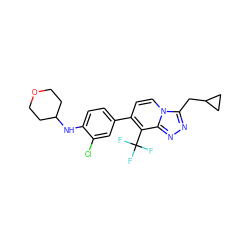 FC(F)(F)c1c(-c2ccc(NC3CCOCC3)c(Cl)c2)ccn2c(CC3CC3)nnc12 ZINC000114498951