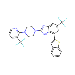 FC(F)(F)c1cc(-c2cc3ccccc3s2)c2[nH]c(N3CCN(c4ncccc4C(F)(F)F)CC3)nc2c1 ZINC000038157640