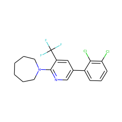 FC(F)(F)c1cc(-c2cccc(Cl)c2Cl)cnc1N1CCCCCC1 ZINC000045321670