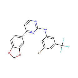 FC(F)(F)c1cc(Br)cc(Nc2nccc(-c3ccc4c(c3)OCO4)n2)c1 ZINC000095755479