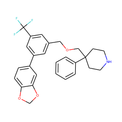 FC(F)(F)c1cc(COCC2(c3ccccc3)CCNCC2)cc(-c2ccc3c(c2)OCO3)c1 ZINC000144408754