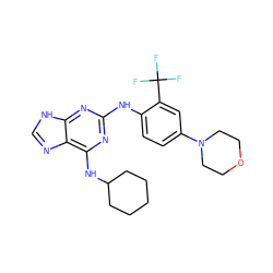 FC(F)(F)c1cc(N2CCOCC2)ccc1Nc1nc(NC2CCCCC2)c2nc[nH]c2n1 ZINC000084669770