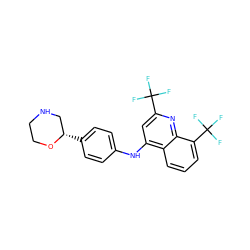 FC(F)(F)c1cc(Nc2ccc([C@H]3CNCCO3)cc2)c2cccc(C(F)(F)F)c2n1 ZINC000149991900