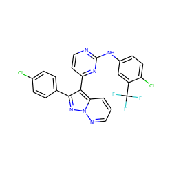 FC(F)(F)c1cc(Nc2nccc(-c3c(-c4ccc(Cl)cc4)nn4ncccc34)n2)ccc1Cl ZINC000013582716